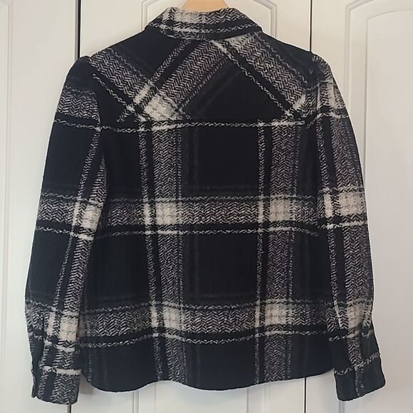 Gap Puff Sleeve Cropped Wool Shirt Jacket Black White Plaid Size L - Picture 8 of 15